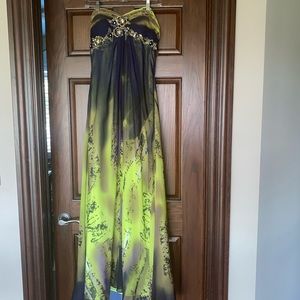 Vintage Y2K Faviana Dark Purple Green Ombre Strapless Dress Gown Flower Fairy 10